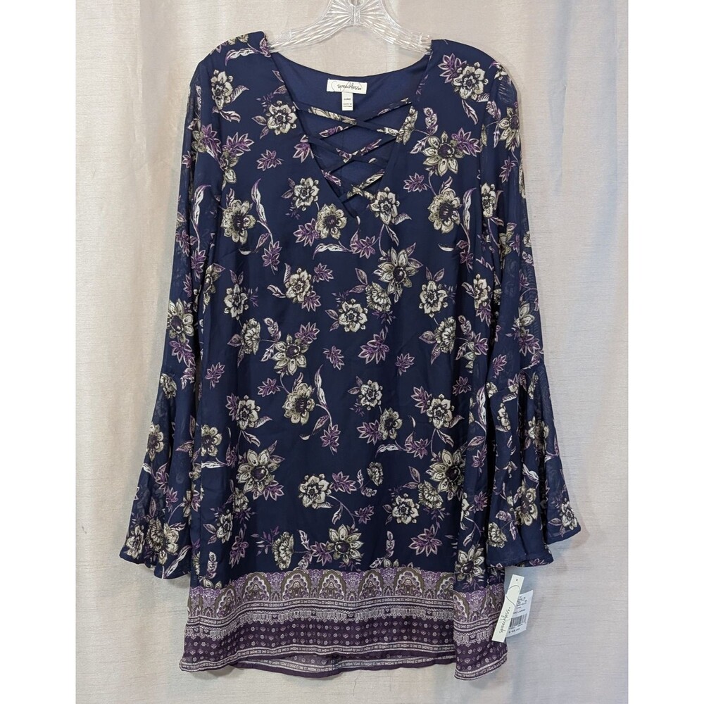 Women's LARGE Top Floral V Neck Long Ruffle Bell Sleeve Tunic Flowy Bohemian